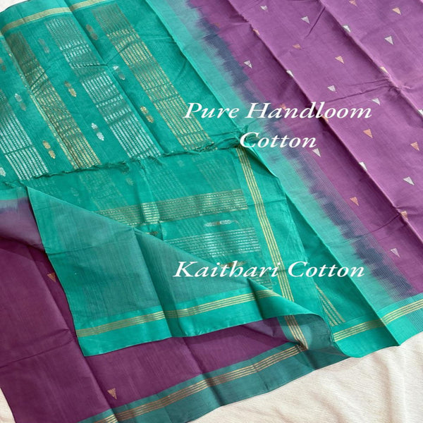Pure Handloom Cotton Saree with Gold & Silver Zari Combo – Purple and Sumathi Green - Kaithari Nesavu Sarees
