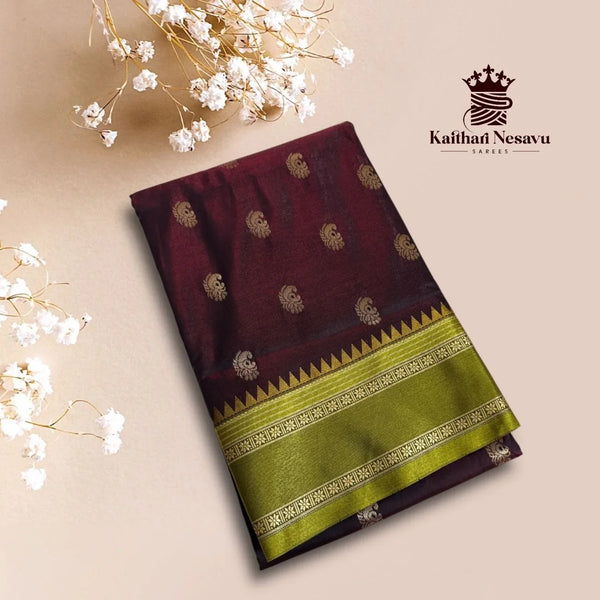 Dual Shaded Art Silk Saree with Peacock Butta & Temple Border – Contrast Pallu & Blouse