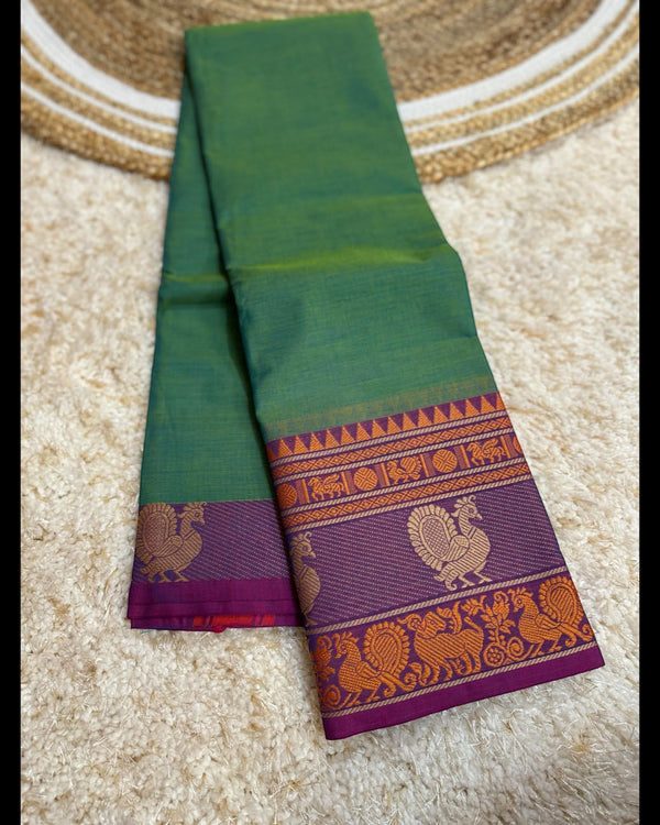 Kanchi Premium Chettinad Cotton Temple Wear Saree – Stripe Pallu & Big Border (Without Blouse)