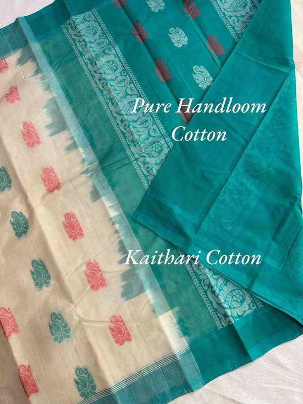 Pure Handloom Cotton Saree with Sumathi Green Border and Mango Butta - Kaithari Nesavu Sarees