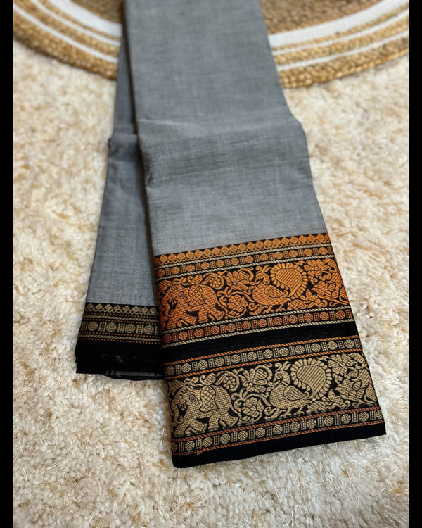 Kanchi Premium Chettinad Cotton Temple Wear Saree – Stripe Pallu & Big Border (Without Blouse)