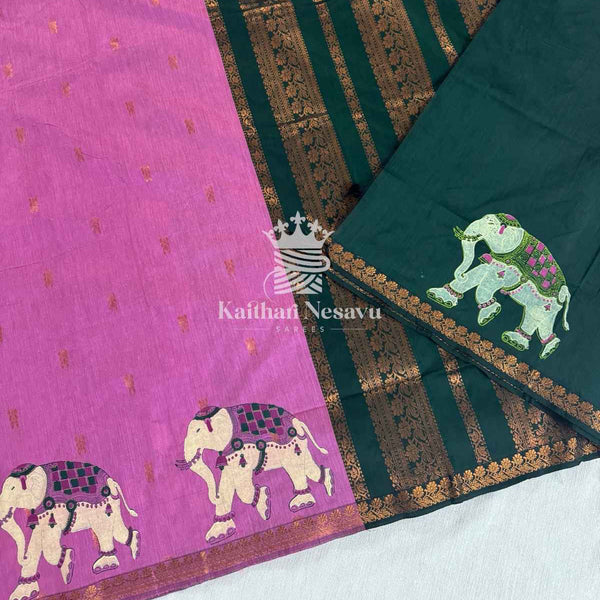 Elephant Multi-Color Block Print Pure Cotton Saree – Handmade Raaga Signature Collection