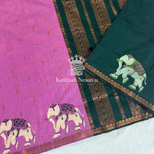 Pink and bottle green handloom saree with elephant embroidery and gold zari border