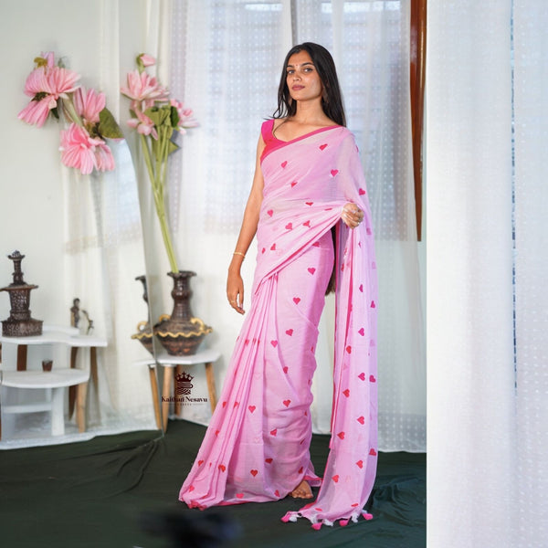 Premium Mul Cotton Saree with Heart Embroidery – Dual Pink Shade