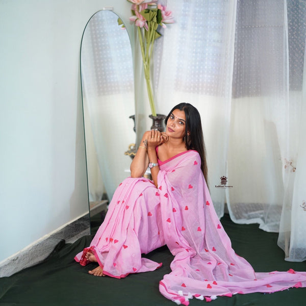 Premium Mul Cotton Saree with Heart Embroidery – Dual Pink Shade
