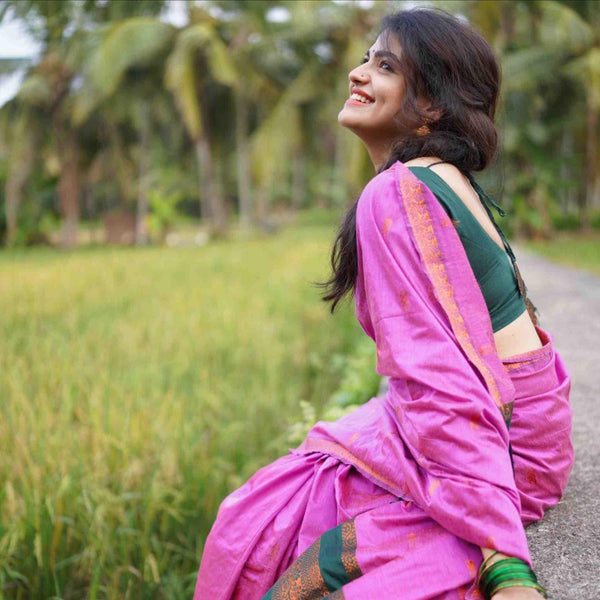 Raaga Pink with Bottle Green Cotton Saree – Kaithari Nesavu Elegance 