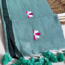 Teal Green Mul Cotton Handloom Saree with Lotus Embroidery from Kaithari Nesavu – Breathable, soft summer saree for ₹1099 only.