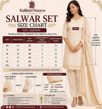 Salwar set size chart with bust, top length, sleeve options, and dupatta details, featuring a woman modeling a beige salwar set.