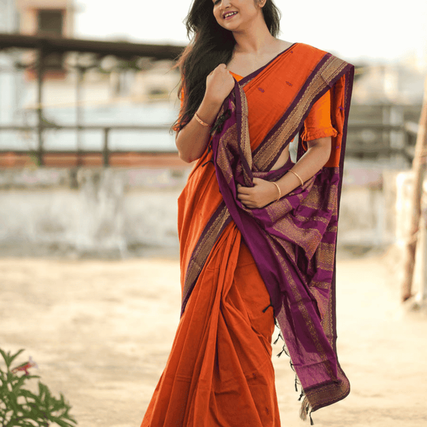 Sundari: Classic Gold Zari Orange Cotton Saree - Kaithari Nesavu Sarees