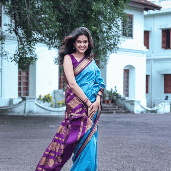 Sundari Gold Zari Semi-Handloom Blue Cotton Saree - Perfect for Office Wear
