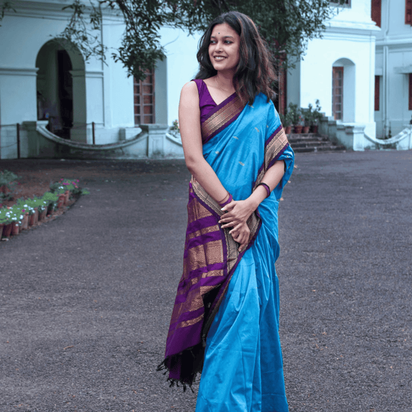 Sundari Gold Zari Semi-Handloom Blue Cotton Saree - Kaithari Nesavu Sarees