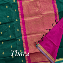 Kaithari Nesavu Thara: Golden Glamour Cotton Saree - Bottle Green with Pink Pallu 