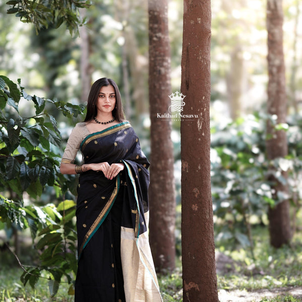 stunning gold zari black cotton saree with half white pallu 