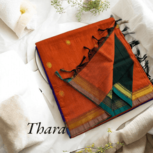 Kaithari Nesavu Thara: Golden Glamour Cotton Saree - Orange with Bottle Green Saree