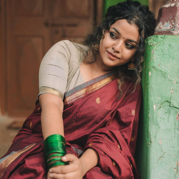 Thara: A Gold Zari maroon Saree - perfect for festive wear and photoshoot