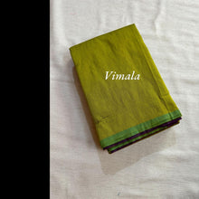 Trendy green pure cotton saree from the Vimala collection with matching pallu color blouse and contrast pallu – breathable and premium handloom saree for women from Kaithari Nesavu.