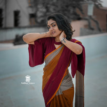 Premium handwoven mul cotton saree in subtle tricolor tones – breathable everyday wear