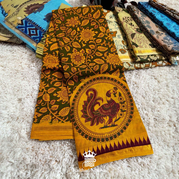 Chanderi Cotton Kalamkari Print Saree with Contrast Blouse