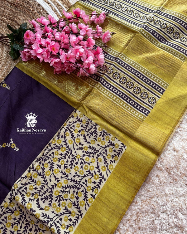 Violet Ghicha Tussar Saree with Digital Prints – Rich Semi-Handloom Drape by Kaithari Nesavu, Perfect for Traditional Events & Gifting.