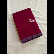 Wine berry pure cotton saree with statement contrast pallu and coordinating blouse – festive ready handloom saree from the Vimala collection by Kaithari Nesavu.