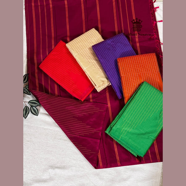 Arani semi soft silk saree with Kantha stitch temple lines and plain unstitched blouse for Navratri