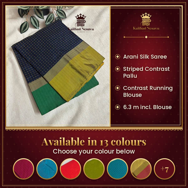 Arani Silk Sarees by Kaithari Nesavu Sarees – available in 13 colours