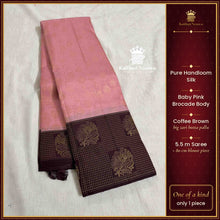 Pure Handloom Silk Saree | Baby Pink Brocade Body | Coffee Brown Big Butta Pallu – Kaithari Nesavu