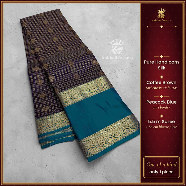 Pure Handloom Silk Saree | Coffee Brown Checks & Zari Butta | Peacock Blue Zari Border – Kaithari Nesavu