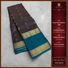 Pure Handloom Silk Saree | Coffee Brown Checks & Zari Butta | Peacock Blue Zari Border – Kaithari Nesavu
