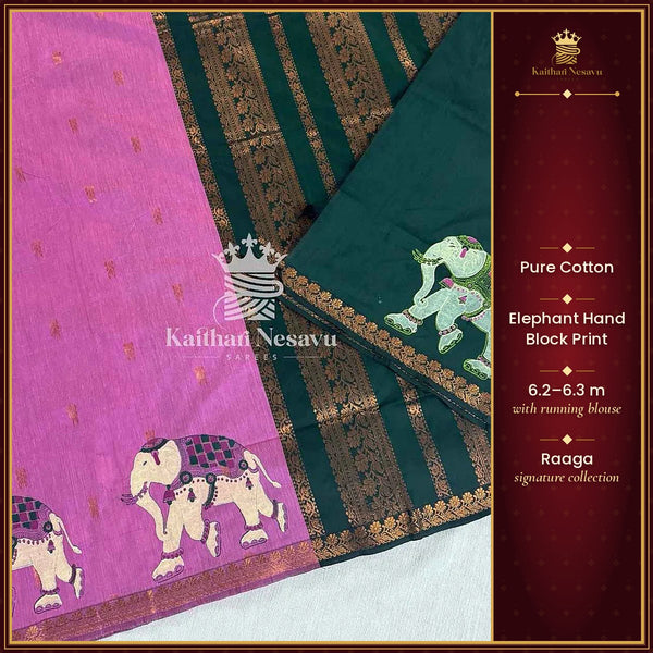 Elephant Block Print Pure Saree – Handmade Raaga Signature Collection – Kaithari Nesavu