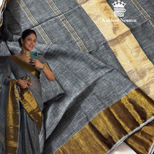 Evergreen Nadiya Moidu style grey saree with rich golden border – celebrity inspired look