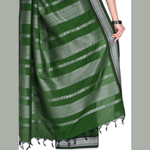 Green saree with butta weaving and silver Kolam zari border