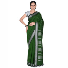 Green Sneha Series cotton saree with silver zari Kolam border