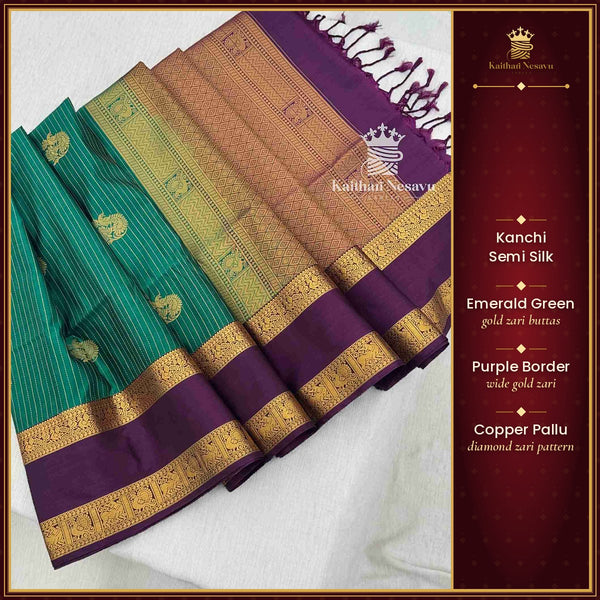 Green x Purple Kanchi Semi Silk Saree | Gold Zari Border – Kaithari Nesavu