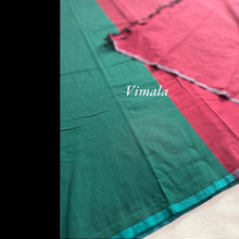 Bottle green Vimala pure cotton saree with contrast pallu and blouse – a rich-toned handloom cotton saree ideal for gifting and stylish daily wear.