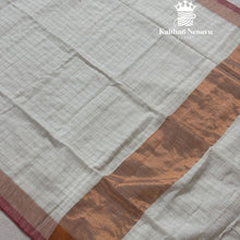 Handloom white checked linen saree with copper zari border from Onam collection