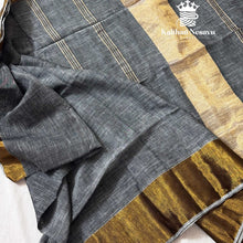 Handloom linen cotton saree in grey with golden border and matching blouse piece