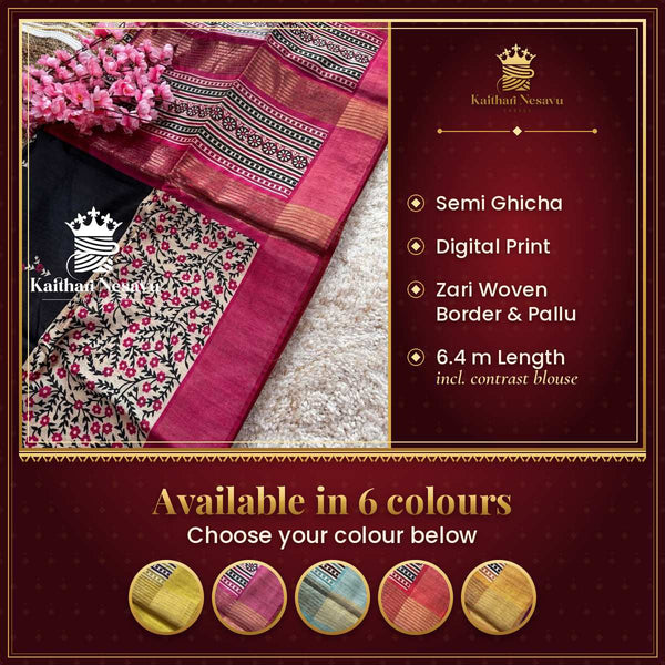 Premium Semi Ghicha Digital Printed Sarees at Kaithari Nesavu Sarees! – available in 6 colours