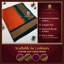 Kalyani Cotton Copper Zari Saree – Orange & Bottle Green | Peacock Border & Pallu | Contrast Blouse – available in 5 colours