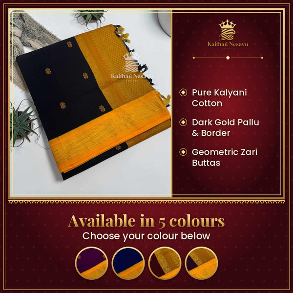Kalyani Cotton Saree | Dark Gold Pallu & Border | Geometric Zari Buttas | Multi-Colour – available in 5 colours