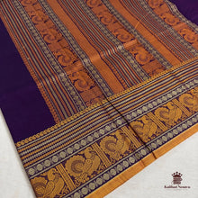 Kanchi Cotton Bird Motif Border Saree in Purple with Mustard Border – orange and mustard striped pallu with bird motif bands