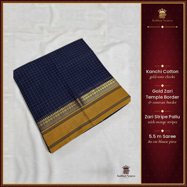 Kanchi Cotton Checked Saree with Zari Temple Border – Kaithari Nesavu