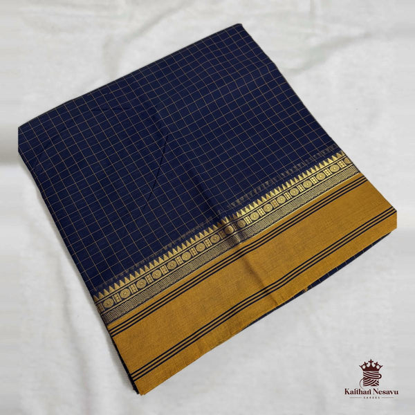 Kanchi Cotton Checked Saree in Navy Blue with Mustard Border – gold zari temple border