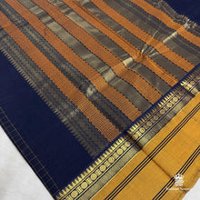 Kanchi Cotton Checked Saree in Navy Blue with Mustard Border – orange and zari stripe pallu