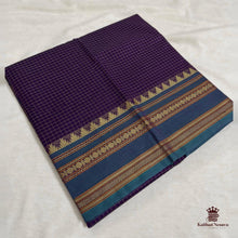 Kanchi Cotton Peacock Pallu Saree in Purple with Peacock Blue Border – thread-work temple border