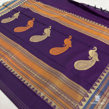 Kanchi Cotton Peacock Pallu Saree in Purple with Peacock Blue Border – zari and orange peacock motif pallu