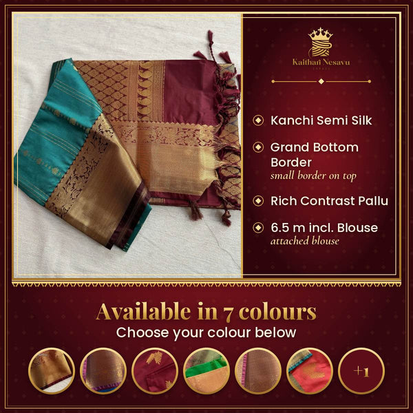Kanchi Semi-Silk Sarees for Diwali | Kaithari Nesavu – available in 7 colours
