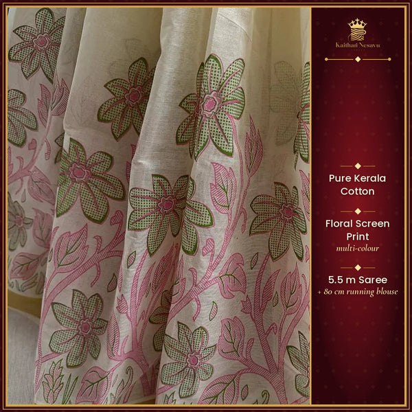 Kerala Cotton Saree with Multi-Colour Floral Screen Print Customization – Kaithari Nesavu