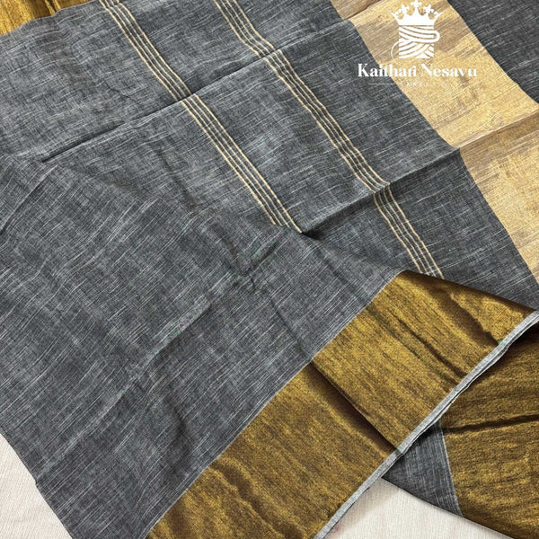 Elegant linen cotton grey saree with blouse and golden border from Kaithari Nesavu