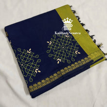 Navy Blue & Mehndi Green Madhavi Kolam hand block print pure cotton saree - Kaithari Nesavu